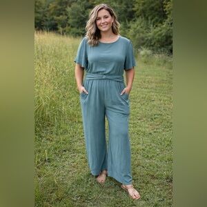 Hayden Teal Wide Leg Jumpsuit 2XL | Flutter Sleeve Belted Pocketed